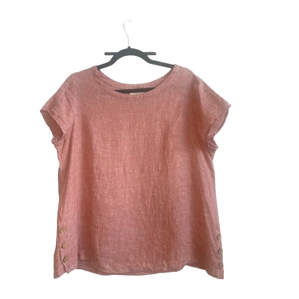 Cynthia Rowley Dusty Pink 100% Linen Short Sleeve Top with Cork Wooden Buttons